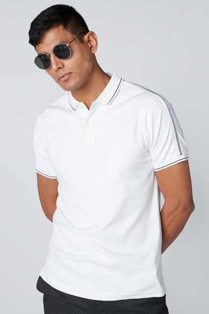 White short-sleeve polo shirt with ribbed collar and button placket