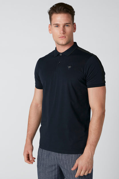 Men's dark navy polo shirt with short sleeves and button placket, front logo