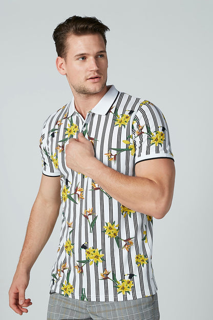 Men's white striped short-sleeve shirt with yellow floral print and button collar