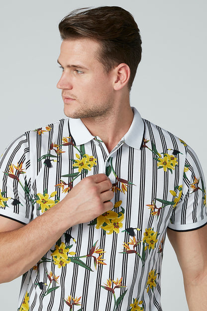 Men's white striped short-sleeve shirt, yellow flower print, open neckline detail