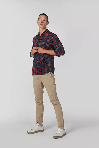 Men’s red-and-blue plaid button-up shirt with long sleeves