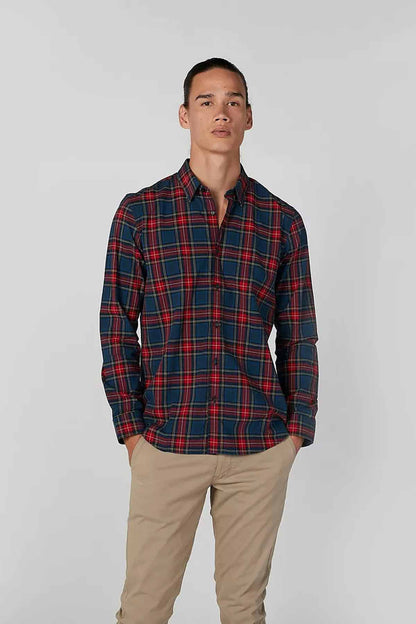 Men’s red-and-blue plaid button-up shirt, front view, long sleeves