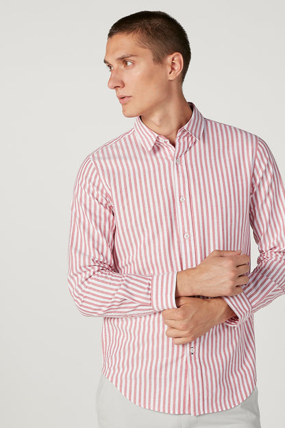 Men's striped button-up shirt with pink and white vertical stripes, long sleeves