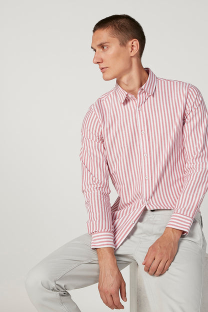 Men's pink-and-white striped button-up shirt with long sleeves, front view