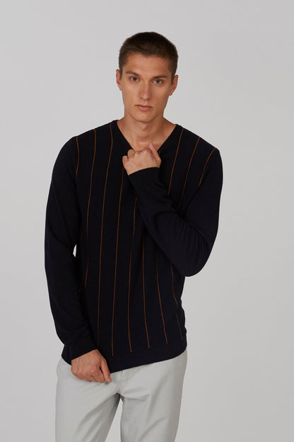 Men's navy sweater with yellow vertical stripes, crew neck, long sleeves, front view