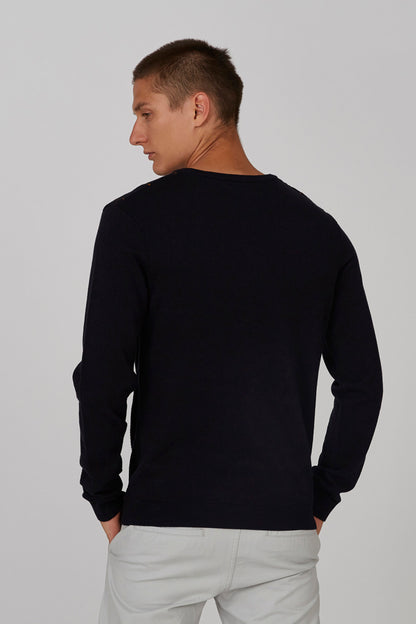 Men's navy sweater with crew neck and long sleeves, plain back view