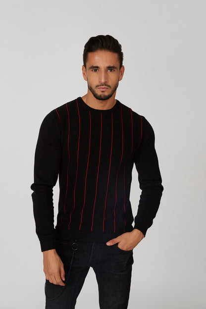 Men's black crewneck sweater with red vertical stripes