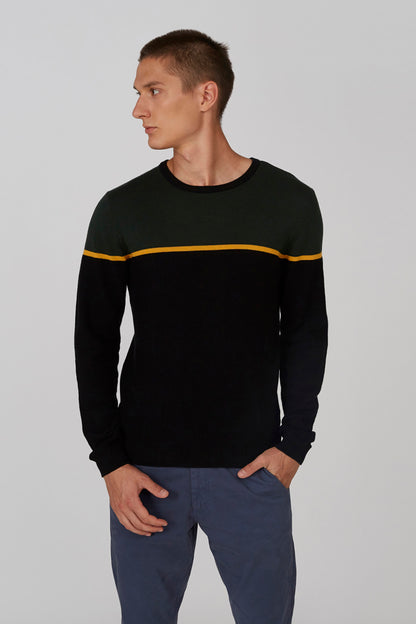 Black long-sleeve sweater with yellow horizontal stripe across chest