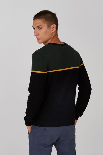 Black long-sleeve sweater with yellow band at mid-chest, back-angled view