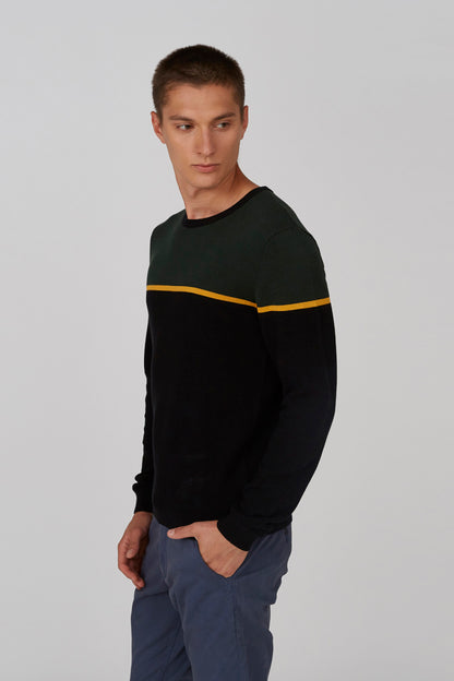 Black long-sleeve sweater, side view, with yellow stripe on chest