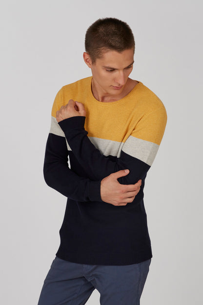 Men's color-block knit sweater: yellow upper, gray band, navy sleeves and hem
