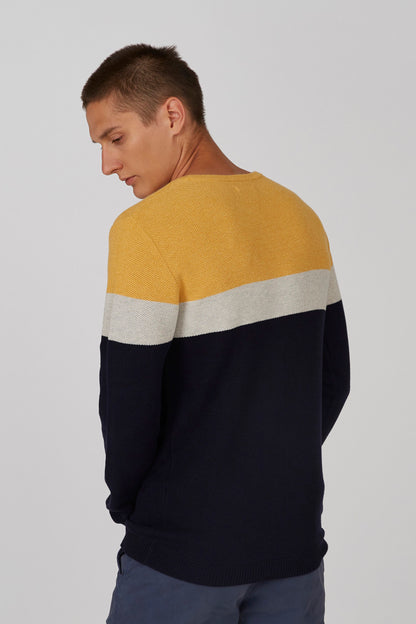 Men's color-block knit sweater in yellow with gray and navy horizontal stripes