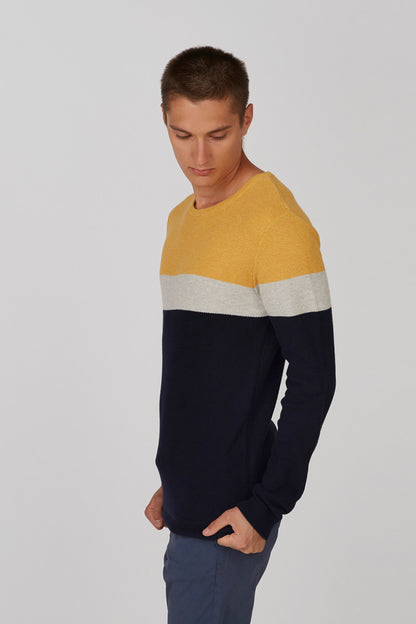 Men's color-block knit sweater, yellow top with gray stripe and navy lower panel