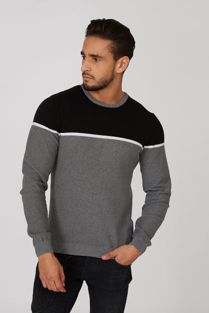 Two-tone black and grey crewneck long-sleeve sweatshirt with white stripe