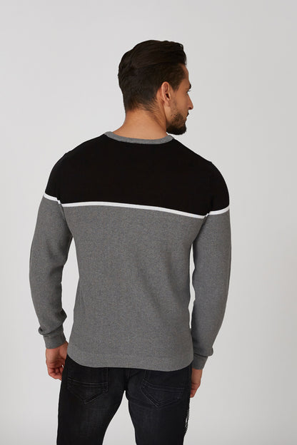 Two-tone black and grey crewneck long-sleeve sweatshirt with white stripe, back view