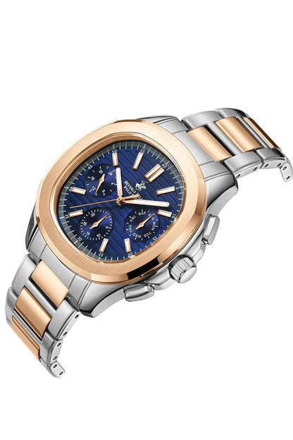Two-tone wristwatch with blue dial, gold bezel, and metal link bracelet