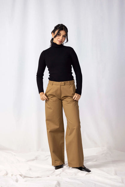 Camel straight-leg trousers with belt loops and zip fly
