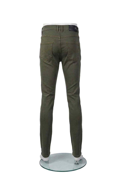 Light olive green denim jeans, back view, belt loops, back yoke, two back pockets