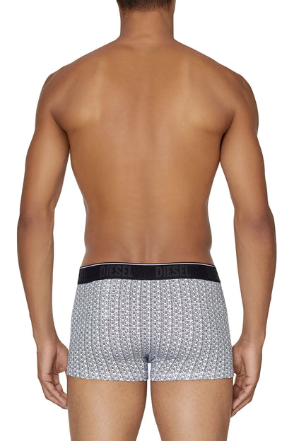 Boxer shorts, back view: white micro-pattern with black waistband and elastic logo
