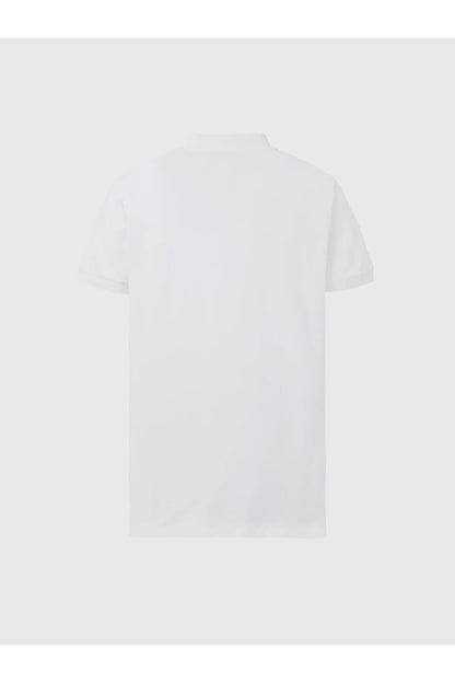 Men's white polo shirt back view with short sleeves and clean rear panel