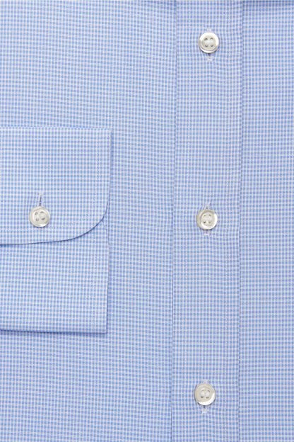 Light blue checkered dress shirt with chest pocket and button placket