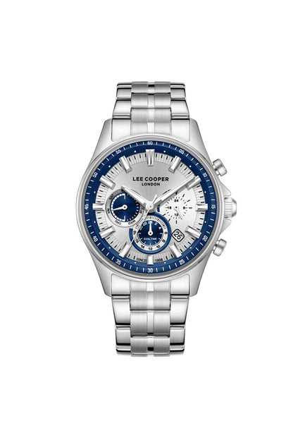 Silver metal wristwatch with blue dial, three subdials and date window