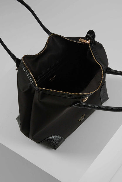 Black tote bag open view showing inner zipper pocket and top zipper