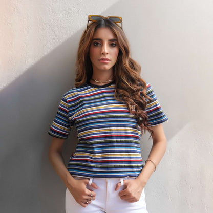 Multicolor striped crew-neck short-sleeve knit top with blue base