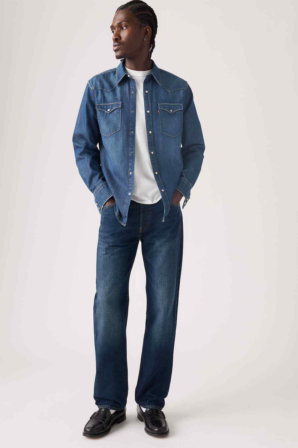Dark wash denim jeans with front button, belt loops, and two back pockets