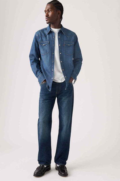 Dark wash denim jeans with front button, belt loops, and two back pockets