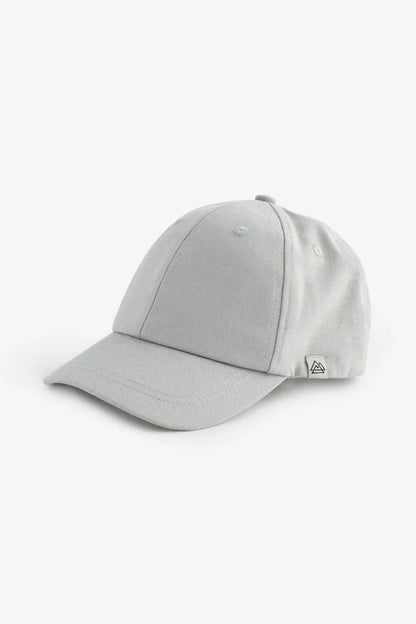 Grey baseball cap with adjustable strap and small side logo