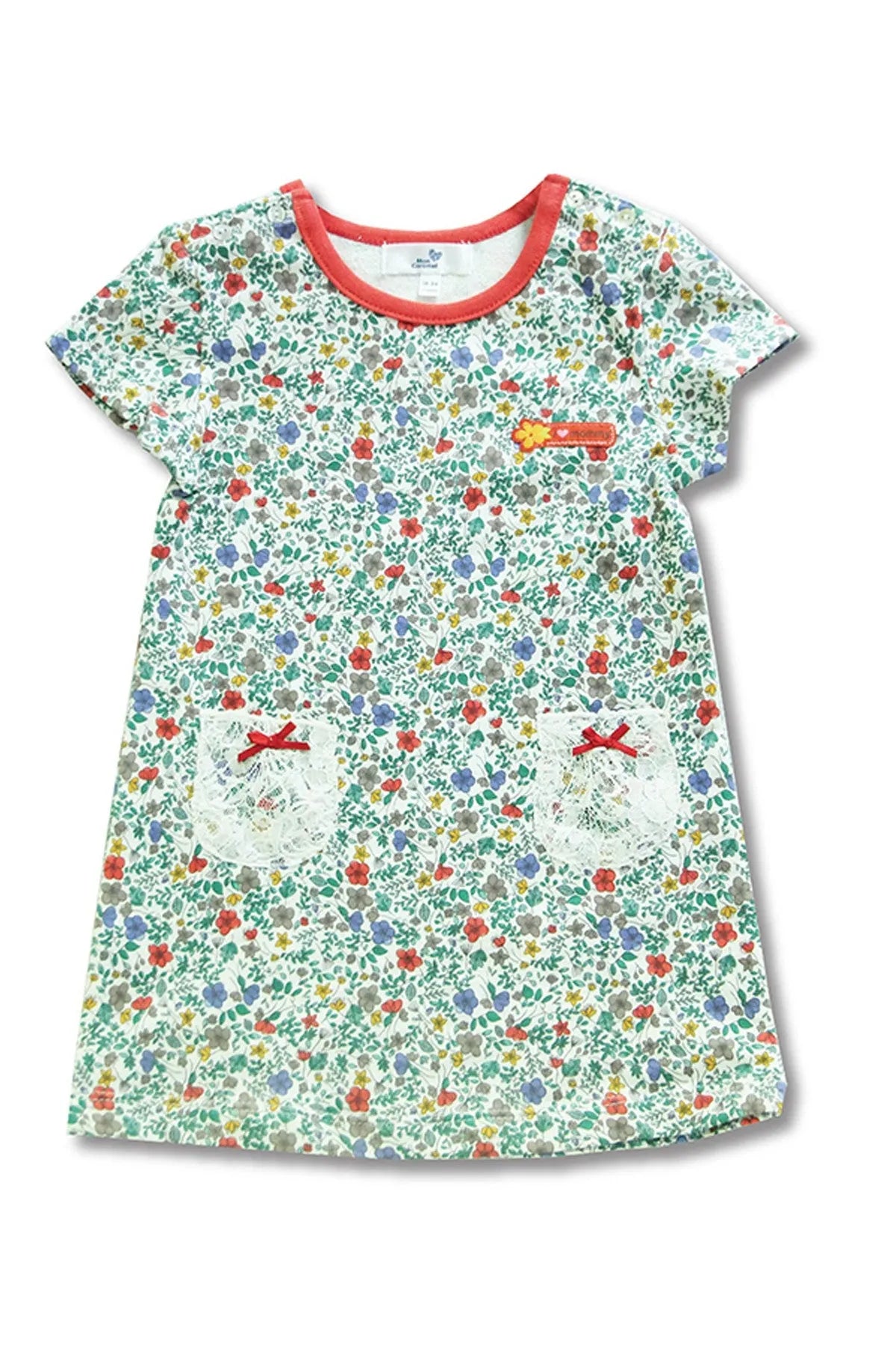 Floral print baby T-shirt dress with coral orange crew neck and short sleeves