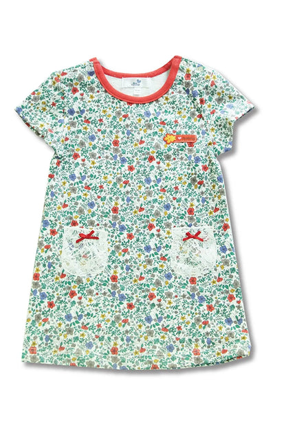 Floral print baby T-shirt dress with coral orange crew neck and short sleeves