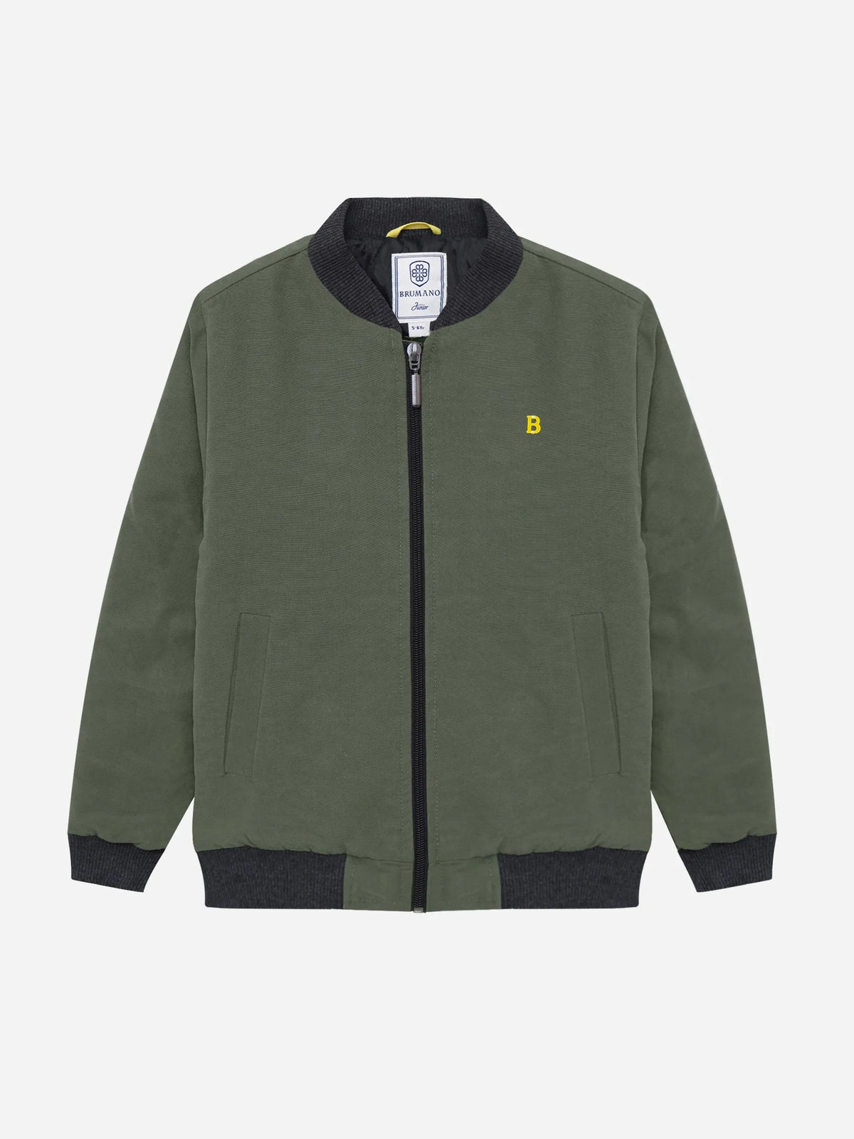 Olive bomber jacket with front zipper, ribbed collar/cuffs, small chest B logo.