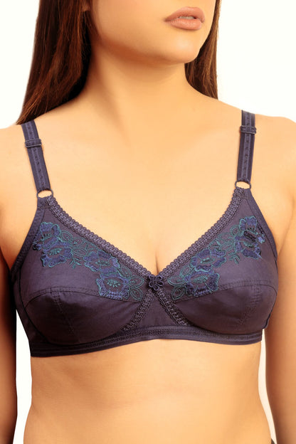Navy blue lace-trim wireless bra with V neckline and adjustable straps