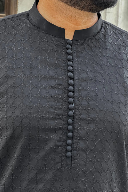 Black kurta neckline and row of round buttons placket