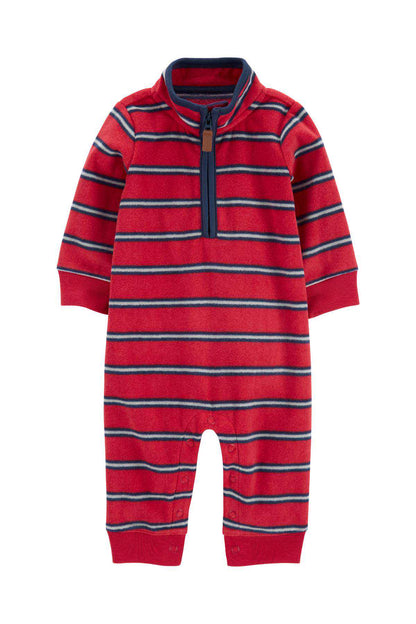Carter's red striped zip-front fleece romper with long sleeves