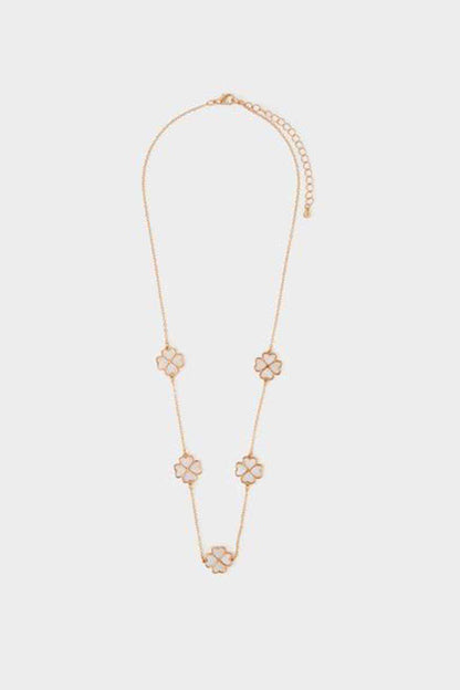 Gold-tone long necklace with small clover flower pendants and chain