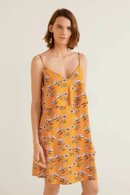 Mustard floral slip dress with thin spaghetti straps, V-neck and button front