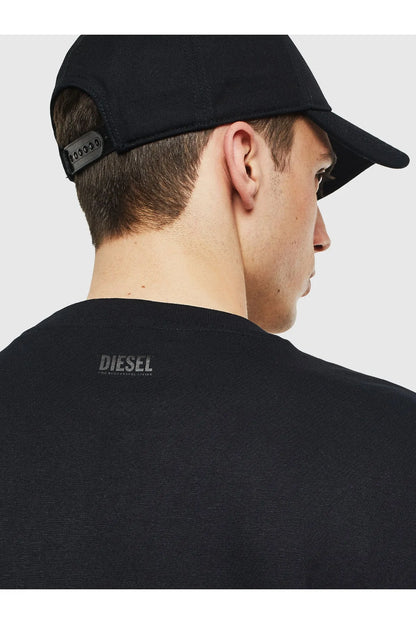 Black T-shirt back view with small Diesel logo near neckline