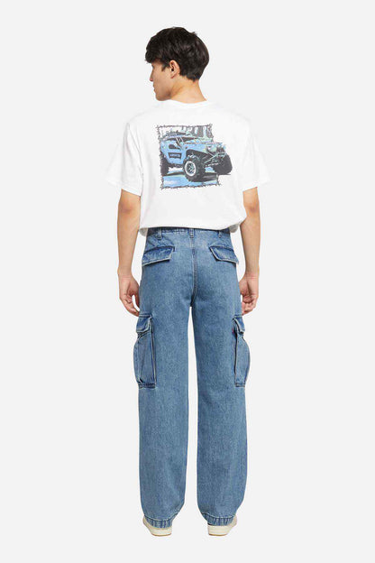 Medium indigo denim cargo pants with wide-leg cut and side flap pockets