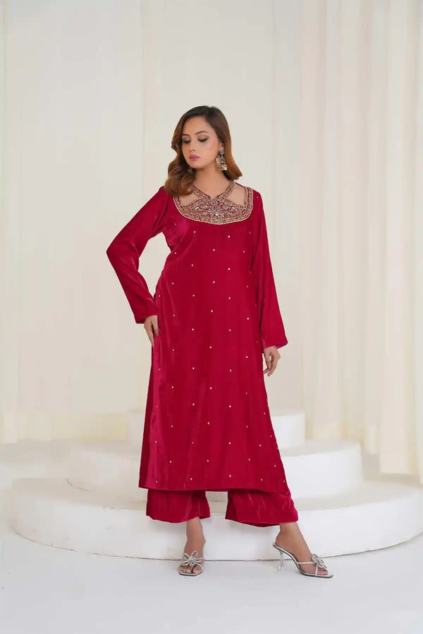 shop red color stitched suits for ladies