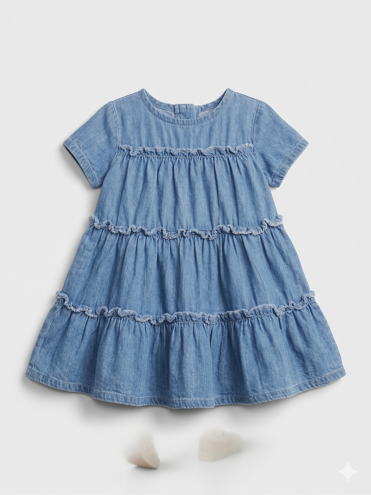 Light blue denim baby dress with tiered ruffle skirt and elastic smocking rows