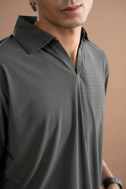 Grey textured short-sleeve button-up shirt with pointed collar