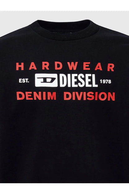 Black crewneck sweatshirt close-up: red HARDWEAR and DIESEL logo text