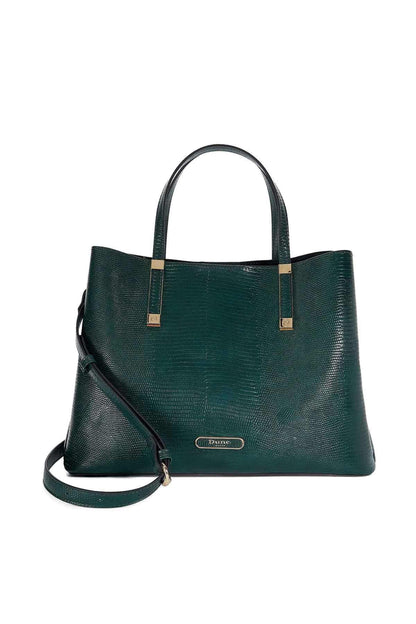 Dark green tote bag with top handles and crossbody strap, gold hardware