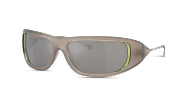 Light taupe sunglasses with gray lenses and green side accents