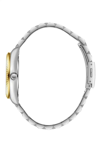 Two-tone metal watch case back with round links and crown at left
