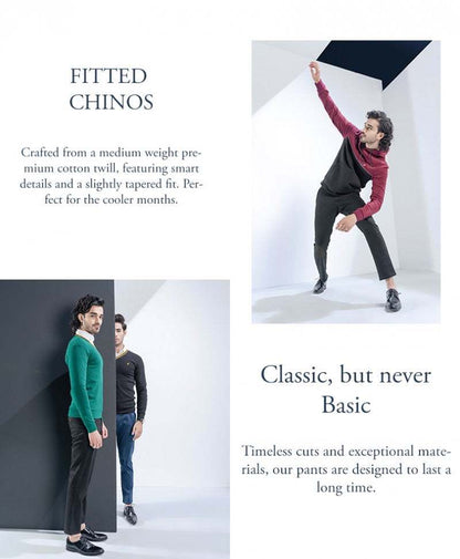 Dark fitted chinos with classic five-pocket styling and belt loops