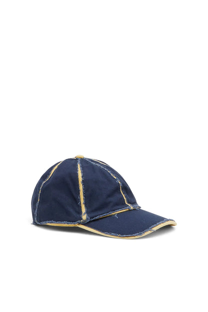Navy denim baseball cap with yellow contrast stitching and curved brim, front logo patch